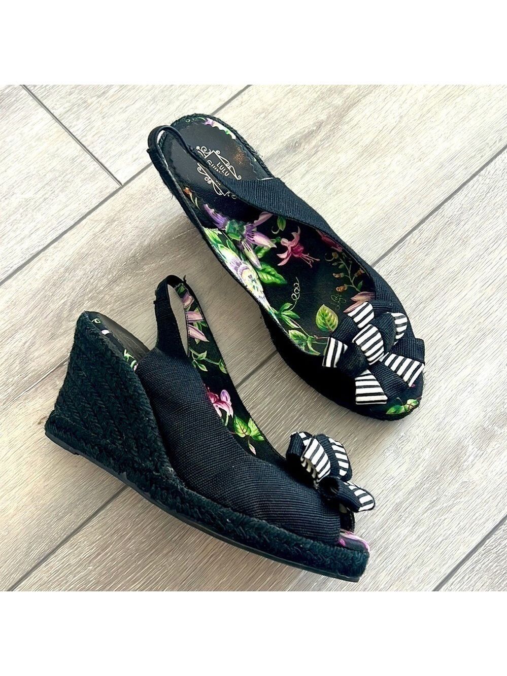 LULU Guinness Floral Bow Espadrille Wedge Sandals Fits Size 6